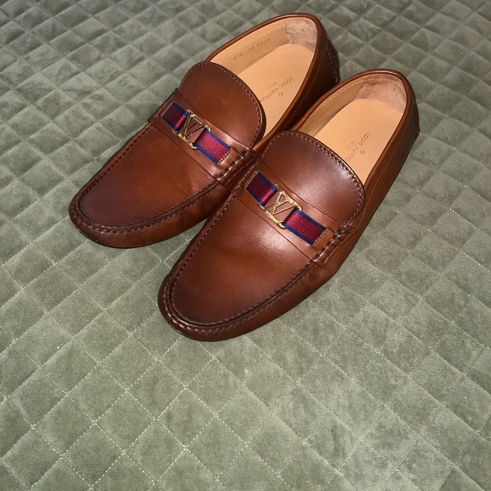 Louis Vuitton Brown Leather Loafers with Red-Blue Ribbon and Gold LV Hardware